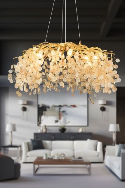 Masal 80'lık Yuvarlak Gold Kristal Taşlı Modern, Oturma Odası, Salon Avize