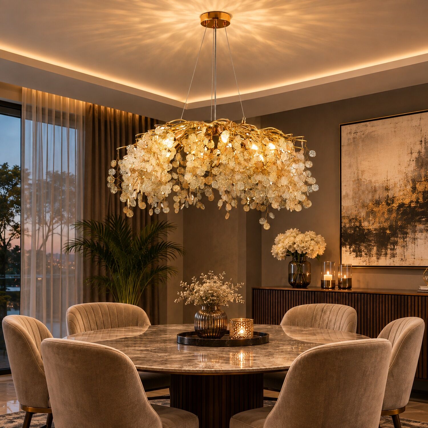 Masal 80'lık Yuvarlak Gold Kristal Taşlı Modern, Oturma Odası, Salon Avize