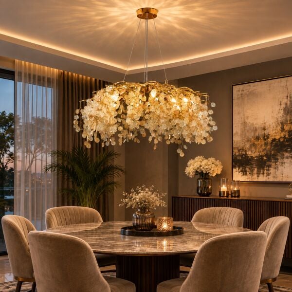 Masal 80'lık Yuvarlak Gold Kristal Taşlı Modern, Oturma Odası, Salon Avize