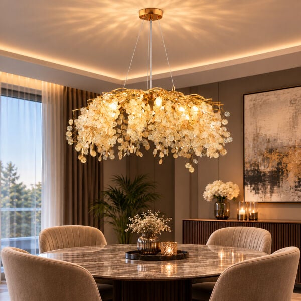 Masal 80'lık Yuvarlak Gold Kristal Taşlı Modern, Oturma Odası, Salon Avize