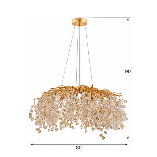 Masal 80'lık Yuvarlak Gold Kristal Taşlı Modern, Oturma Odası, Salon Avize