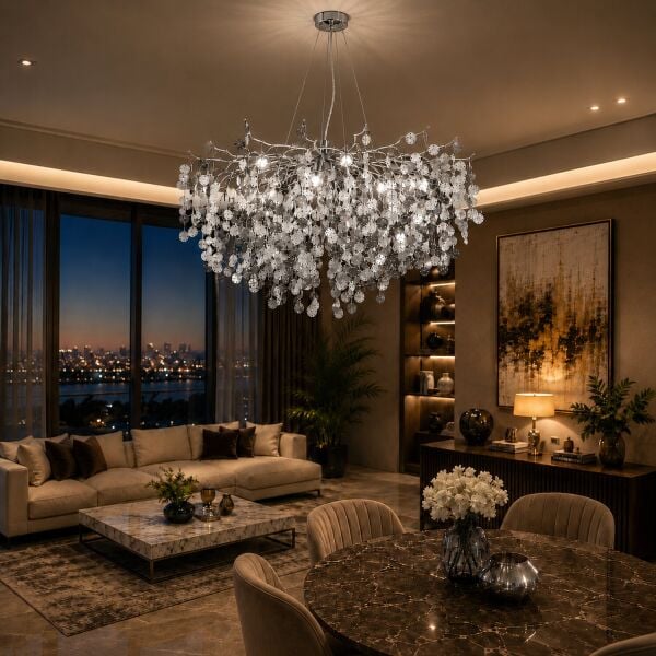 Masal 80'lık Yuvarlak Krom Kristal Taşlı Modern, Oturma Odası, Salon Avize