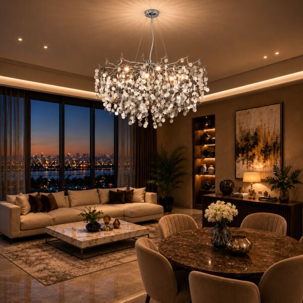 Masal 80'lık Yuvarlak Krom Kristal Taşlı Modern, Oturma Odası, Salon Avize