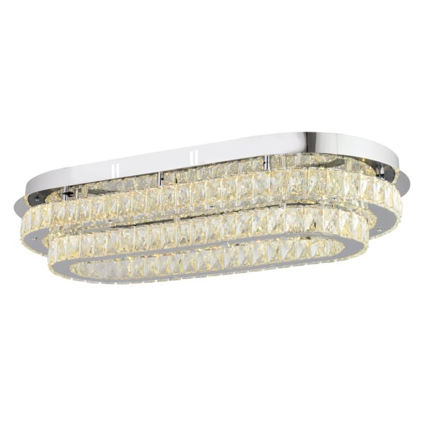 Valeria 2 Katlı Elips Plafonyer Elips Ledli 3 Renkli  Kristalli Taşlı Modern Tasarım Led Kristal Salon Avize