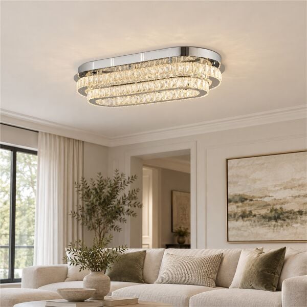 Valeria 2 Katlı Elips Plafonyer Elips Ledli 3 Renkli  Kristalli Taşlı Modern Tasarım Led Kristal Salon Avize