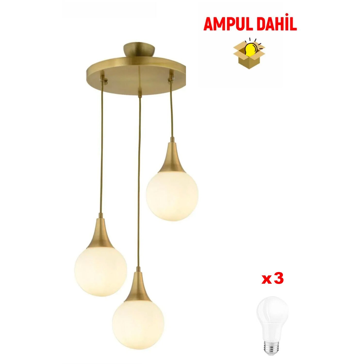 Damla 3 Lü Yuvarlak Eskitme -Led Ampul  Dahil Modern Koridor Mutfak Salon Sarkıt Avize