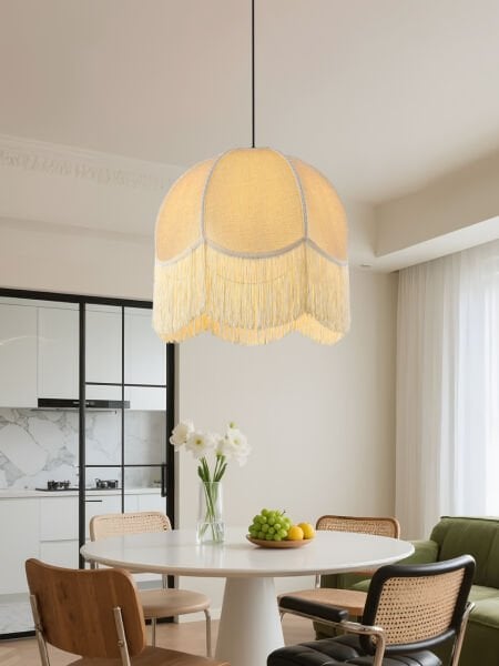 Shelly Krem Rengi Püsküllü Modern Salon, Yatak Odası Sarkıt Avize