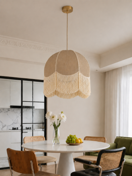 Shelly Krem Rengi Püsküllü Modern Salon, Yatak Odası Sarkıt Avize