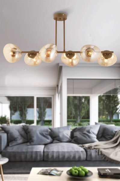 Tristan 6'Lı Sıralı Eskitme Modern Yemek Masası Üstü, Salon Avize