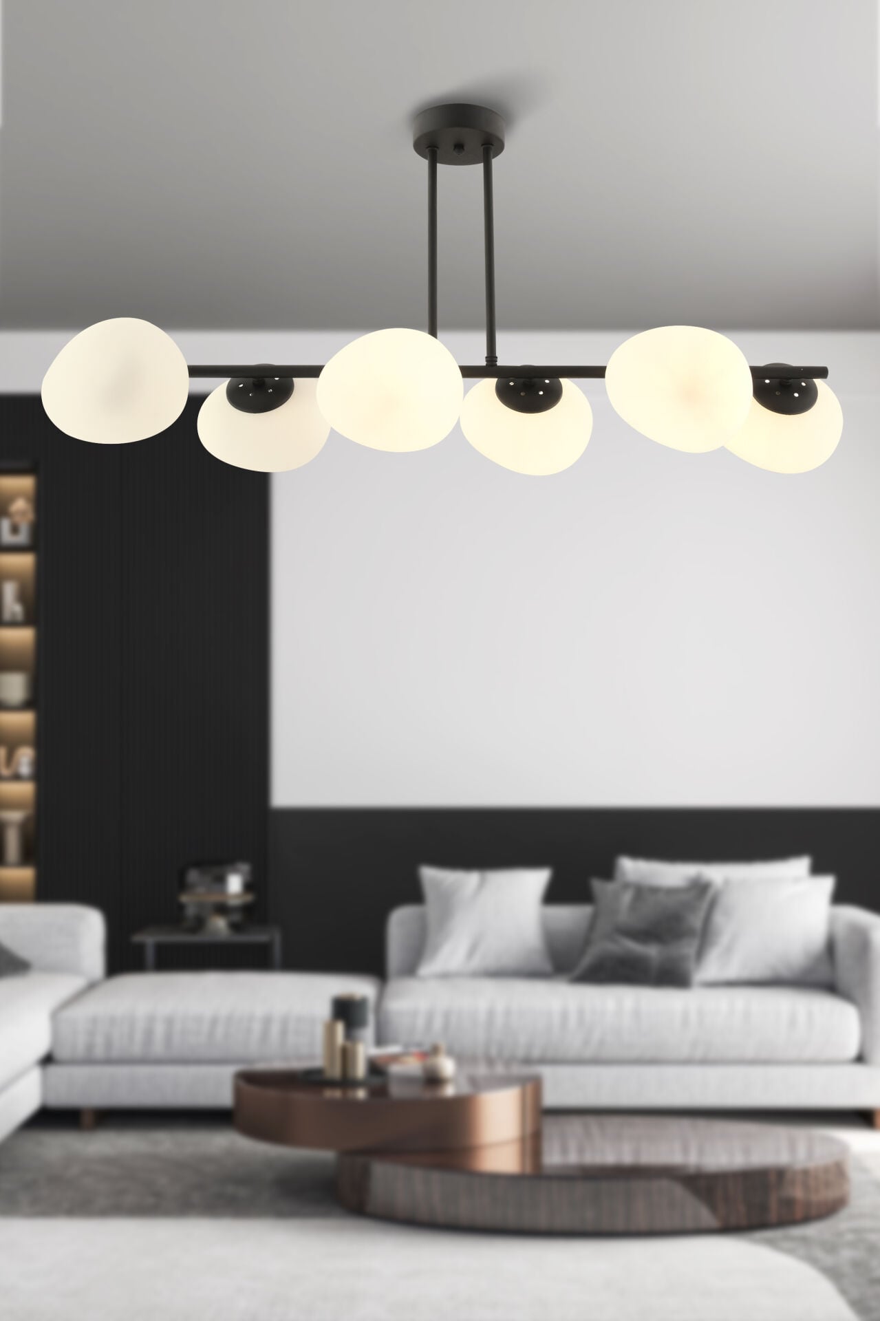 *BEYAZ CAMLI*Tristan 6'Lı Sıralı Siyah Modern Yemek Masası Üstü, Salon Avize
