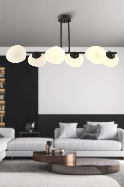 Tristan 6'Lı Sıralı Siyah Modern Yemek Masası Üstü, Salon Avize