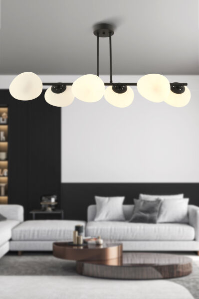 *BEYAZ CAMLI*Tristan 6'Lı Sıralı Siyah Modern Yemek Masası Üstü, Salon Avize