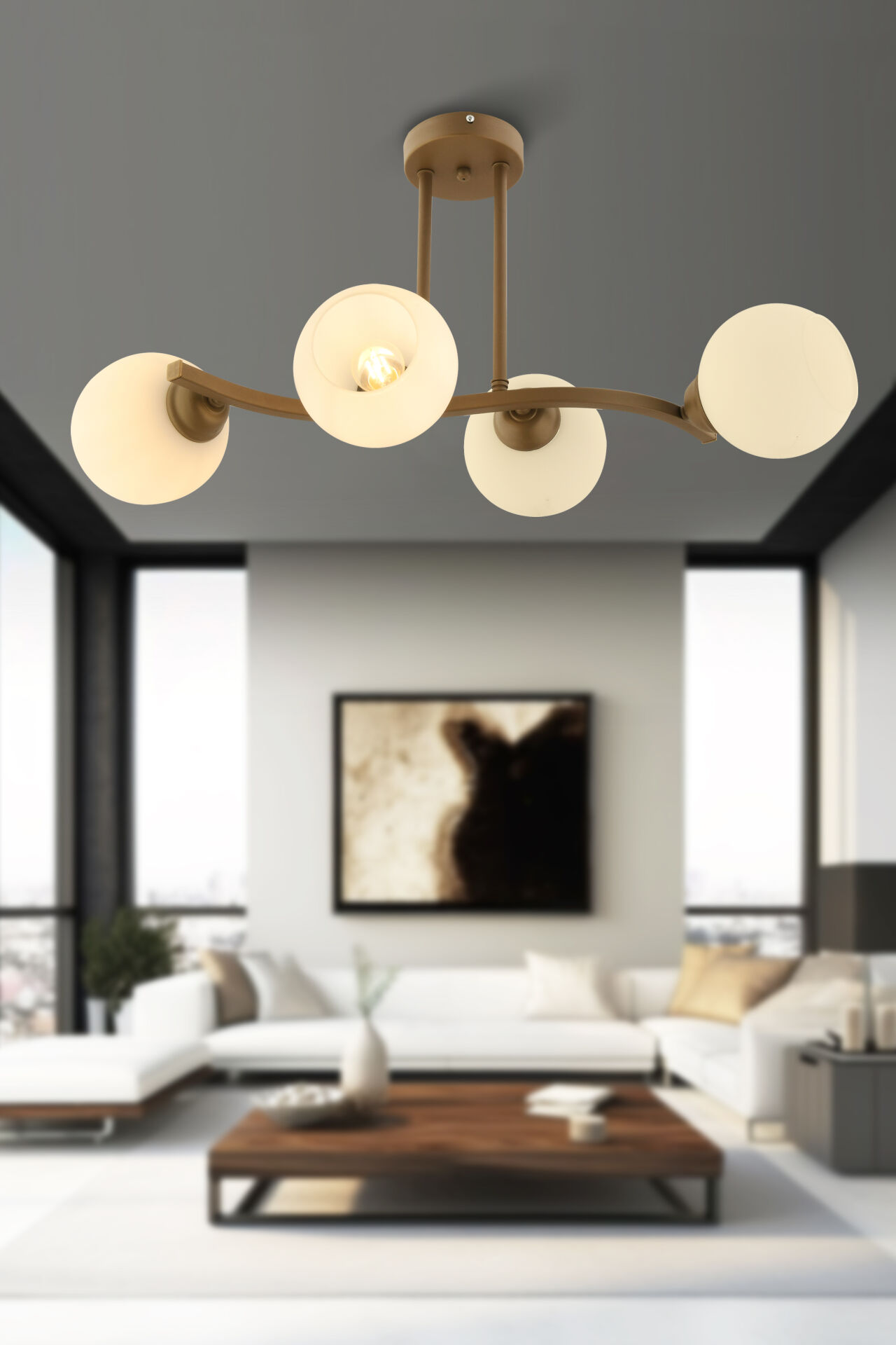Kellie 4'lü Eskitme Beyaz Camlı Modern Salon Avize