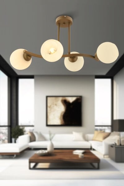 Kellie 4'lü Eskitme Beyaz Camlı Modern Salon Avize