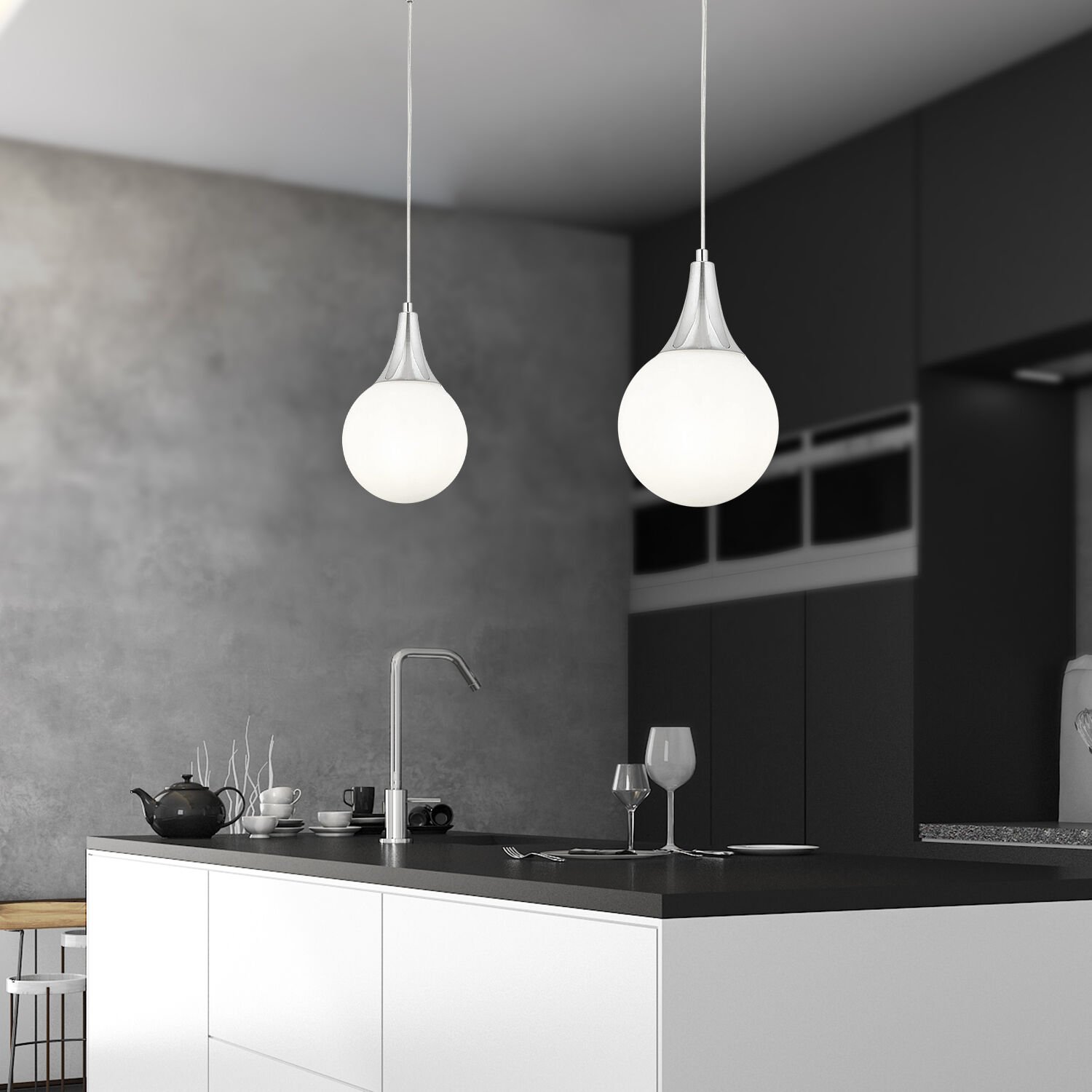 Damla Tekli Krom Beyaz Camlı 2Li Modern Sarkıt Mutfak Salon Avize  Seti