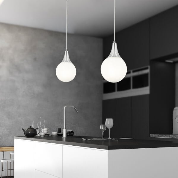 Damla Tekli Krom Beyaz Camlı 2Li Modern Sarkıt Mutfak Salon Avize  Seti