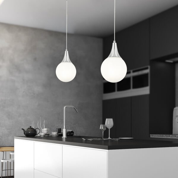 Damla Tekli Krom Beyaz Camlı 2Li Modern Sarkıt Mutfak Salon Avize  Seti