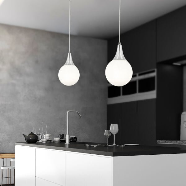 Damla Tekli Krom Beyaz Camlı 2Li Modern Sarkıt Mutfak Salon Avize  Seti