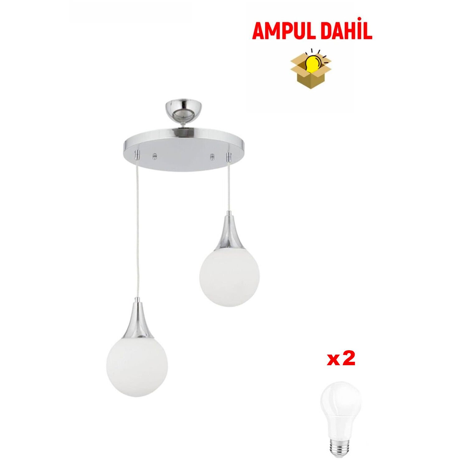Damla 2Li Yuvarlak Krom -Led Ampul  Dahil Modern Koridor Mutfak Salon Sarkıt Avize