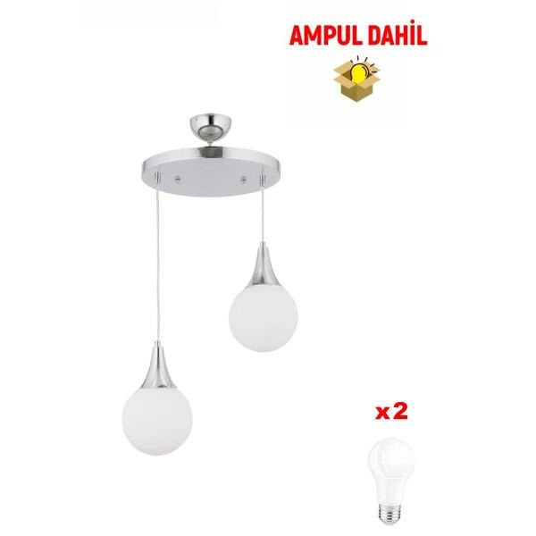 Damla 2Li Yuvarlak Krom -Led Ampul  Dahil Modern Koridor Mutfak Salon Sarkıt Avize