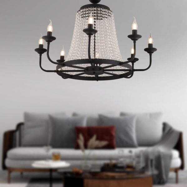 Carnation 8'li Siyah Kristalli Taşlı Modern Tasarım Kristal Salon Avize