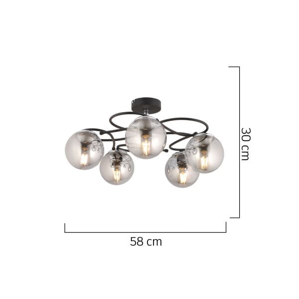 Rodonit 5li Siyah Krom Füme Camlı Modern Sarkıt Genç Odası Yatak odası Retro Salon Avize