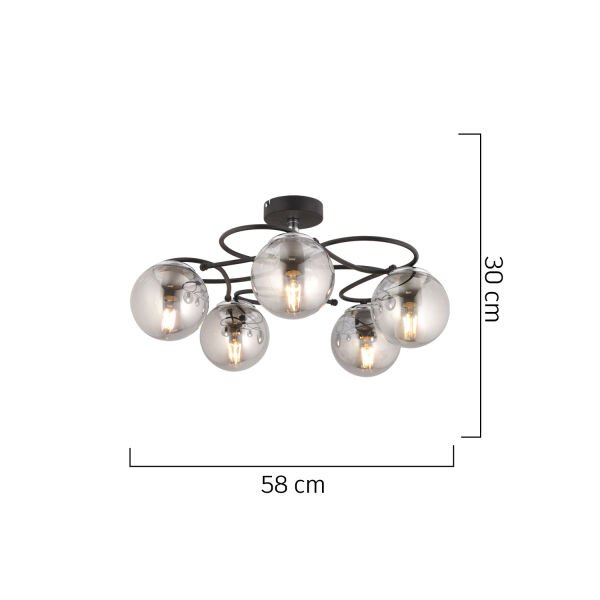 Rodonit 5li Siyah Krom Füme Camlı Modern Sarkıt Genç Odası Yatak odası Retro Salon Avize