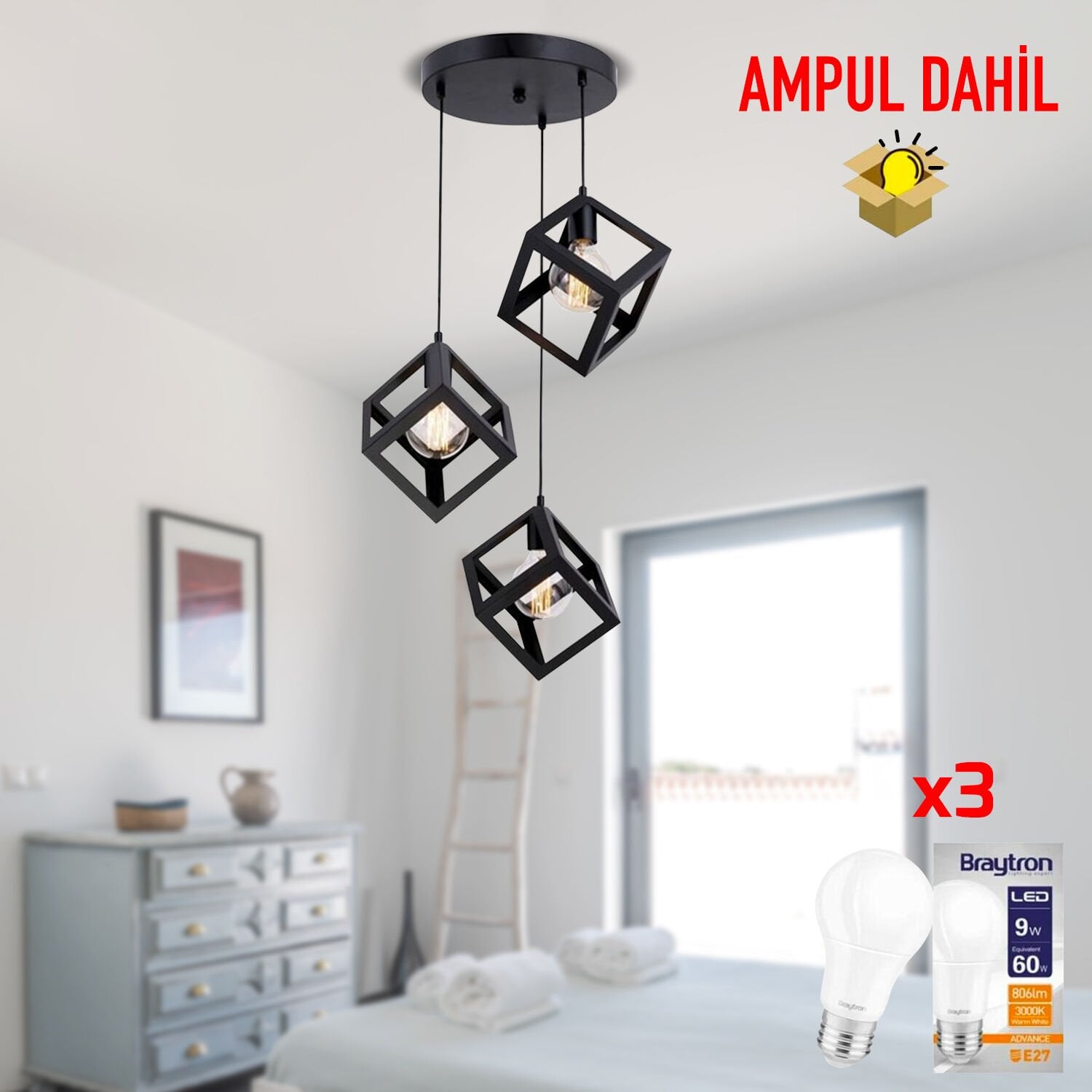 Cup 3Lü Siyah Sarkıt -Led Ampul  Dahil Modern Koridor Mutfak Salon Sarkıt Avize
