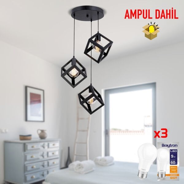 Cup 3Lü Siyah Sarkıt -Led Ampul  Dahil Modern Koridor Mutfak Salon Sarkıt Avize