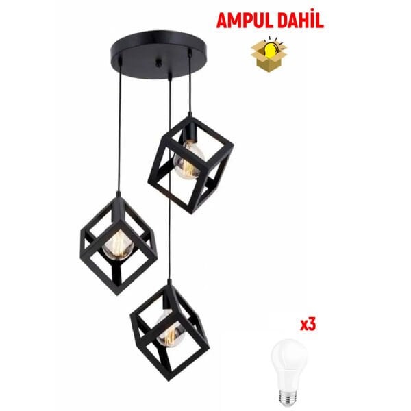Cup 3Lü Siyah Sarkıt -Led Ampul  Dahil Modern Koridor Mutfak Salon Sarkıt Avize