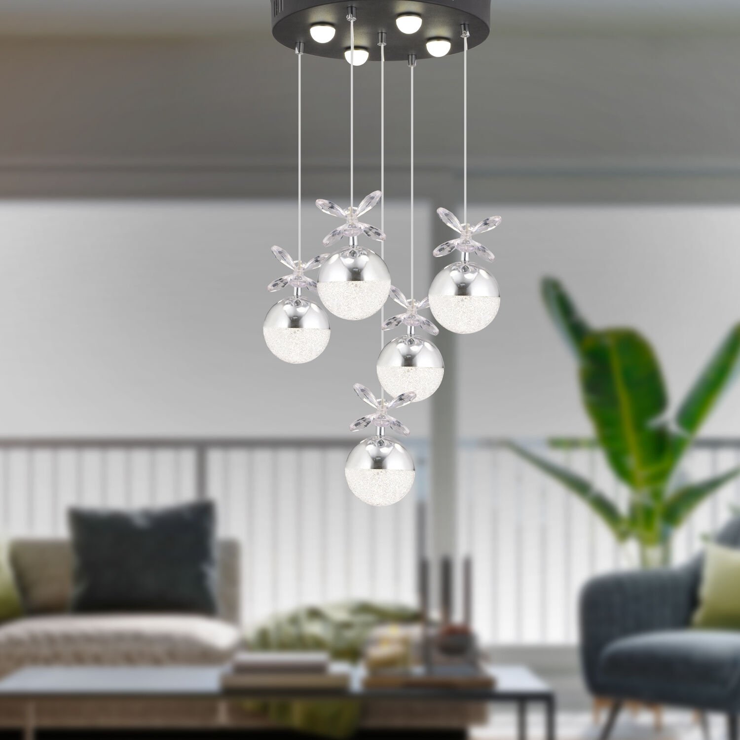 Lokken 5'li Yuvarlak 42 Watt Krom Kristal Ledli Modern Oturma Odası Salon Sarkıt Avize