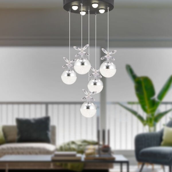 Lokken 5'li Yuvarlak 42 Watt Krom Kristal Ledli Modern Oturma Odası Salon Sarkıt Avize