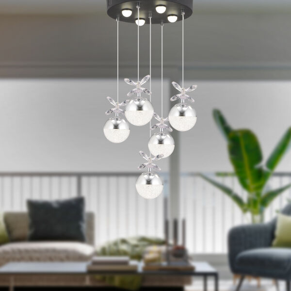 Lokken 5'li Yuvarlak 42 Watt Krom Kristal Ledli Modern Oturma Odası Salon Sarkıt Avize