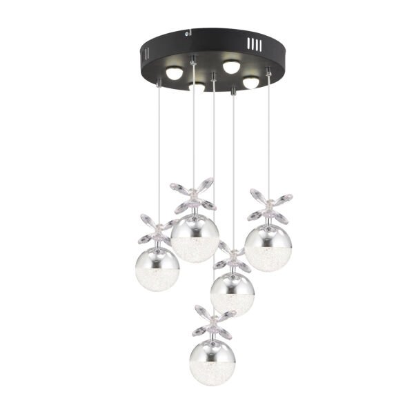 Lokken 5'li Yuvarlak 42 Watt Krom Kristal Ledli Modern Oturma Odası Salon Sarkıt Avize