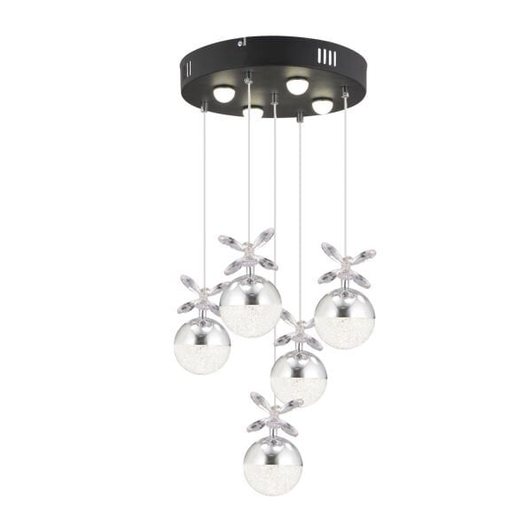 Lokken 5'li Yuvarlak 42 Watt Krom Kristal Ledli Modern Oturma Odası Salon Sarkıt Avize