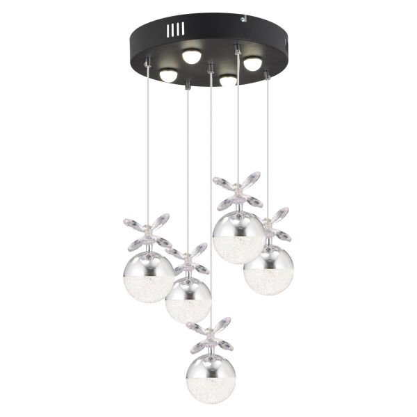 Lokken 5'li Yuvarlak 42 Watt Krom Kristal Ledli Modern Oturma Odası Salon Sarkıt Avize