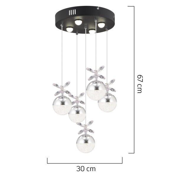 Lokken 5'li Yuvarlak 42 Watt Krom Kristal Ledli Modern Oturma Odası Salon Sarkıt Avize