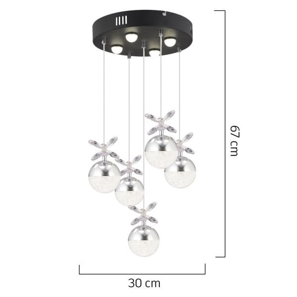 Lokken 5'li Yuvarlak 42 Watt Krom Kristal Ledli Modern Oturma Odası Salon Sarkıt Avize