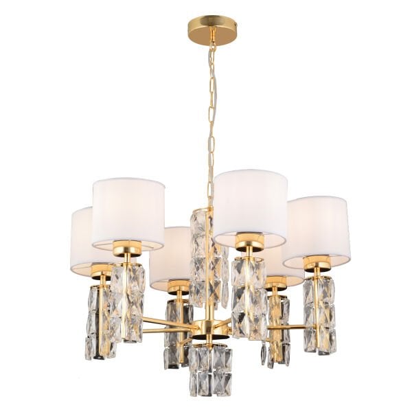 Darell 6'Lı Beyaz Şapkalı Gold Kristalli Taşlı Modern Tasarım Kristal Salon Avize