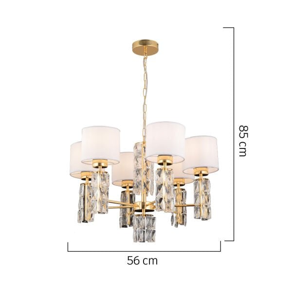 Darell 6'Lı Beyaz Şapkalı Gold Kristalli Taşlı Modern Tasarım Kristal Salon Avize