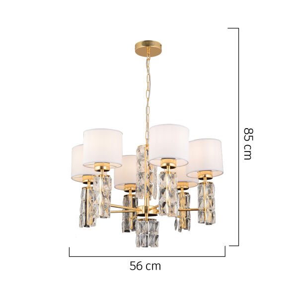 Darell 6'Lı Beyaz Şapkalı Gold Kristalli Taşlı Modern Tasarım Kristal Salon Avize
