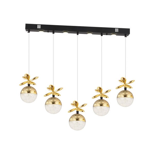 Lokken 5'li Sıralı Gold 42 Watt Kristal Ledli Modern Oturma Odası Salon Sarkıt Avize