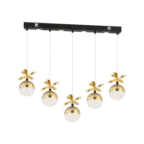 Lokken 5'li Sıralı Gold 42 Watt Kristal Ledli Modern Oturma Odası Salon Sarkıt Avize