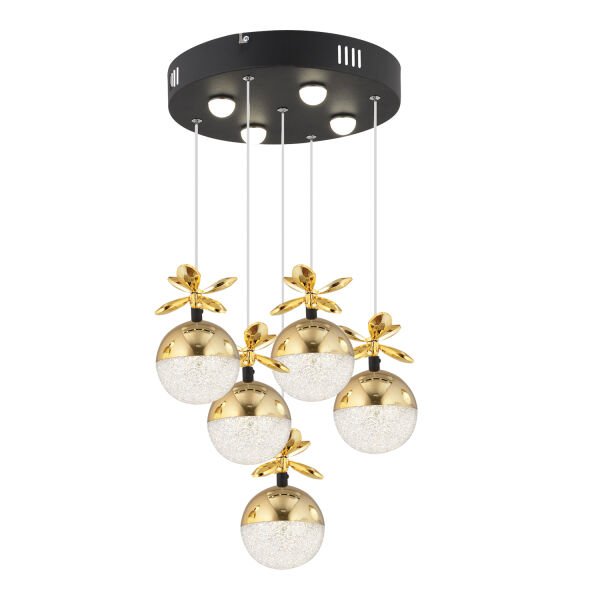 Lokken 5'li Yuvarlak 42 Watt Gold Kristal Ledli Modern Oturma Odası Salon Sarkıt Avize