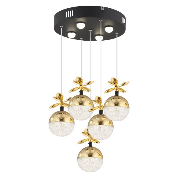 Lokken 5'li Yuvarlak 42 Watt Gold Kristal Ledli Modern Oturma Odası Salon Sarkıt Avize