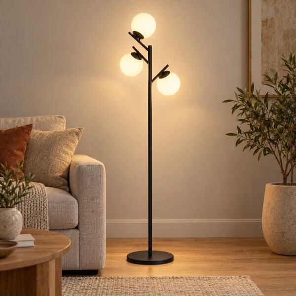 Renji 3Lü Siyah Boyalı Beyaz Camlı Modern Tasarım Metal Lambader