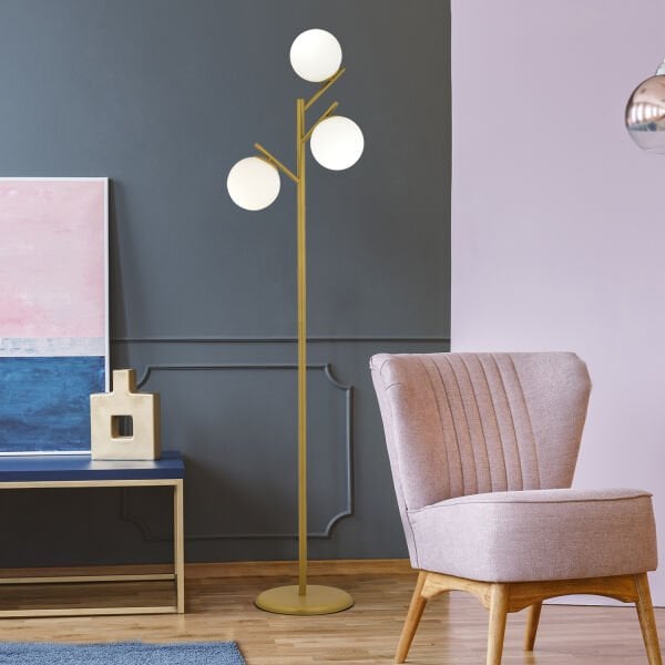 Renji 3Lü Gold Boyalı Beyaz Camlı Modern Tasarım Metal Lambader