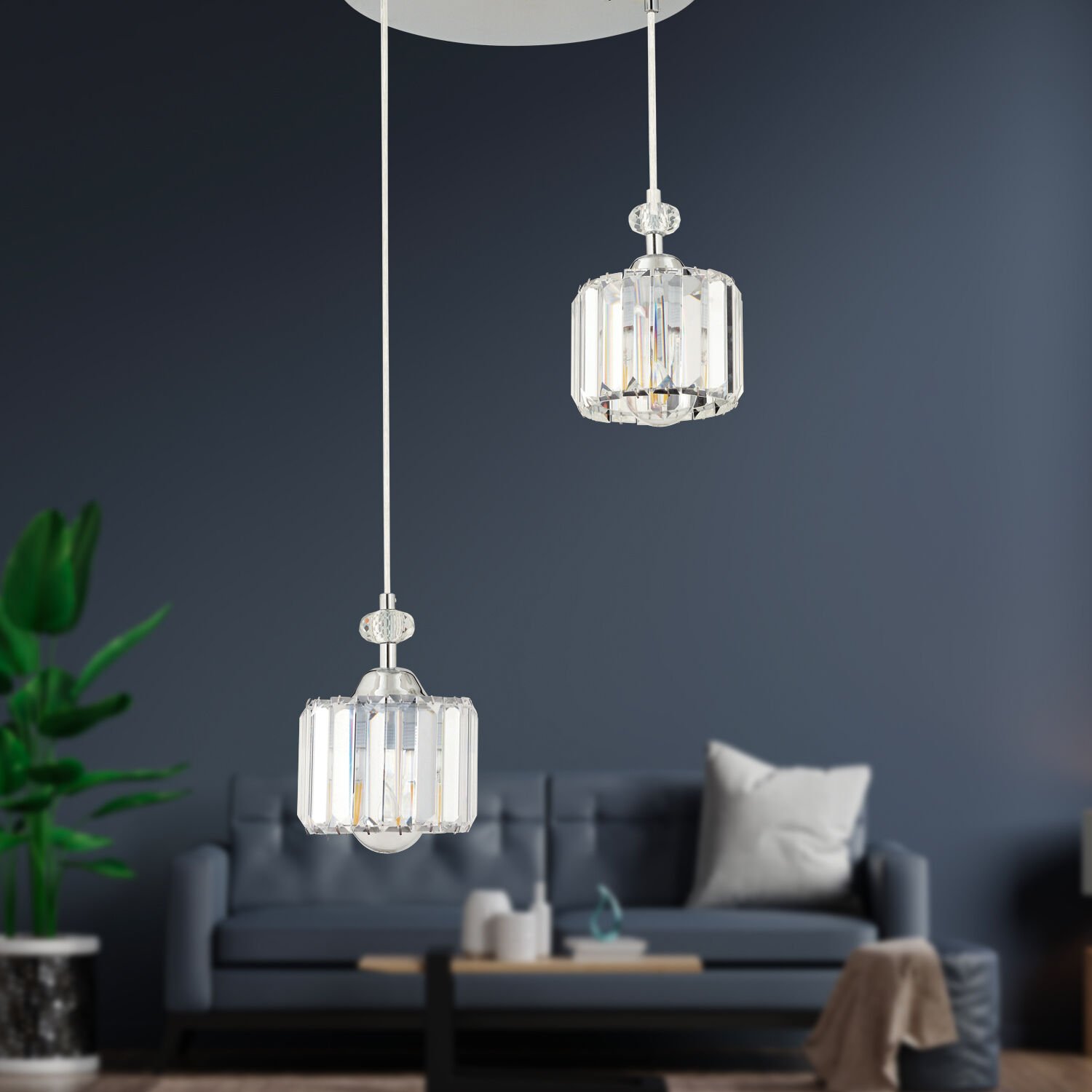 Saka 2Li Yuvarlak Sarkıt Krom  Kristalli, Taşlı Modern Tasarım Kristal Salon Sarkıt Avize