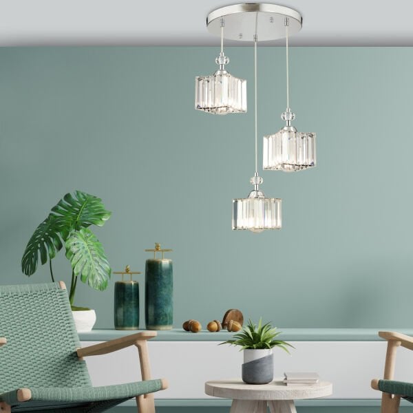 Kuğu 3 Lü Krom  Kristalli, Taşlı Modern Tasarım Kristal Salon Sarkıt Avize