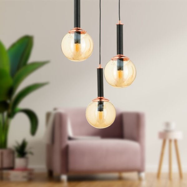 Erna 3Lü Sarkıt Yuvarlak Siyah Modern Genç Odası Mutfak Retro Salon Sarkıt Avize